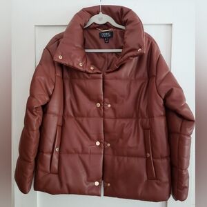 Dennis Basso Faux Leather Puffer Jacket, Size M, rich brown, never used